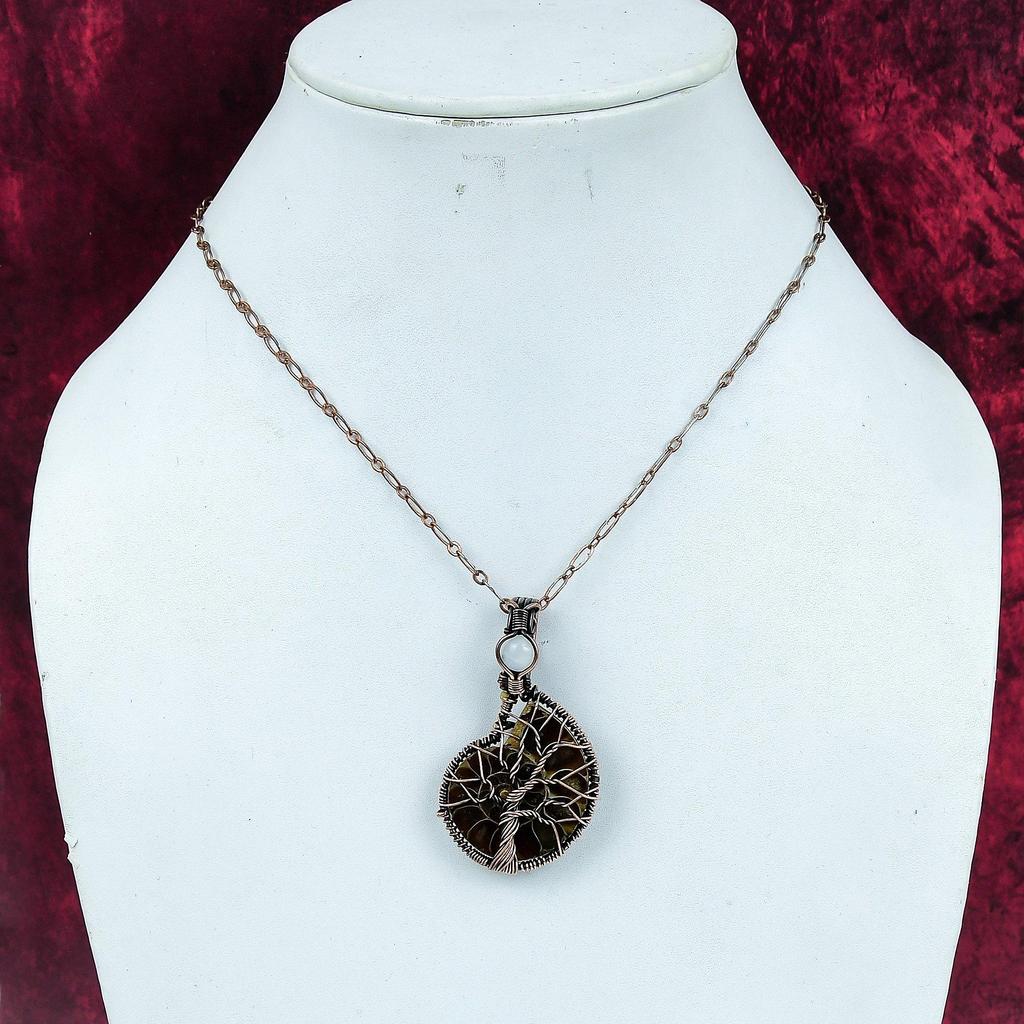 Tree Of Life Ammonite Fossil Pendant Copper Wire Wrapped Rainbow Moonstone Jewelry
