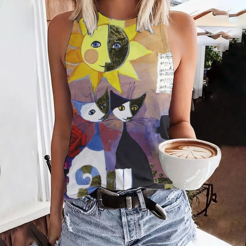 Summer Funny Face Cat 3D Print Tank Tops Women Fashion Streetwear Oversized O-Neck Oest Off Shoulder Sleeveless Woman Camisole