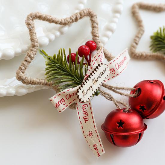 Christmas Jingle Bell Rustic Iron Door Hanging Star Bell with Bow Pine Picks Red Berry for Christmas Wreath Gift Wrapping Craft Home Decor