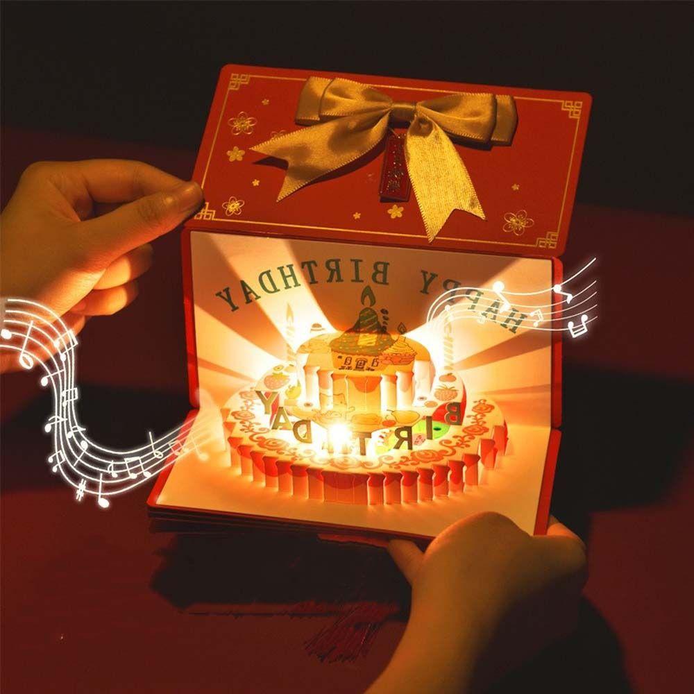 Chinese Style Cake Greeting Card with Lighting Music Cash Gift Bag Hongbao Money Bag  Wedding Event