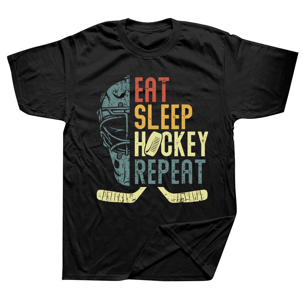 Eat Sleep Hockey Repeat Adult Ice Hockey Retro Vintage Tee Tops Round Neck Fashion Tshirt Clothing Casual Basic Tshirts