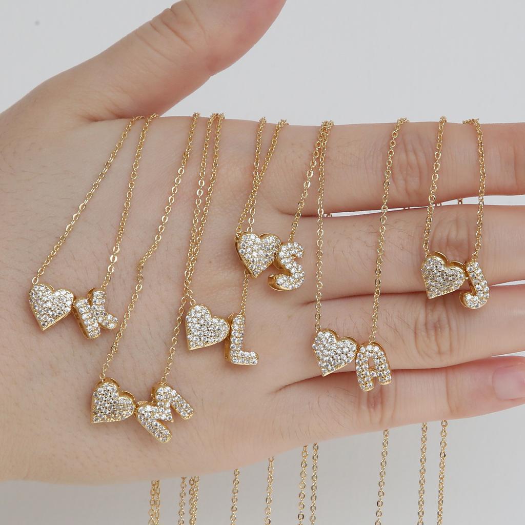 Fashion Small Bubble Initial Heart Letter Necklace 18K Gold Plated Link Chain Romantic Copper Heart Letter Pendant Necklace Gift