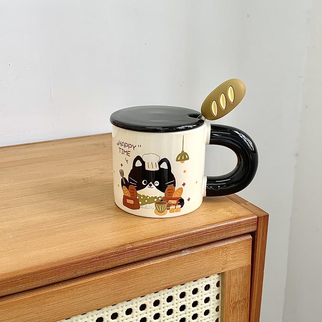 Brot Kätzchen Tasse mit Deckel Löffel Große Kapazität Keramiktasse für Mädchen Büro Wasserbecher Kaffee Frühstückstasse Männer