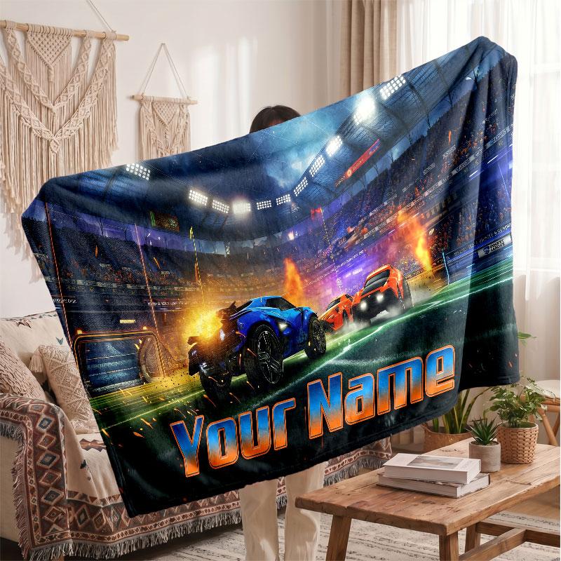 Rocket League Personalized Flannel Blanket, Custom Printed Text Name, Warm Soft Blanket For Couch Bed