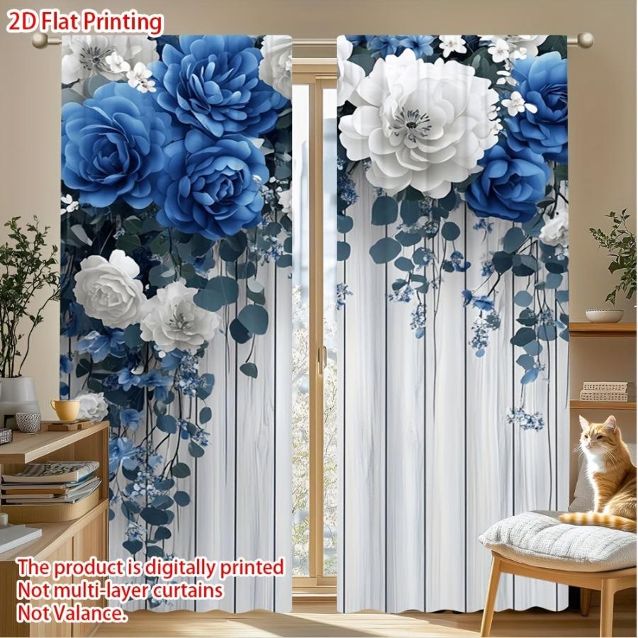 2PCS Digital Printed Curtains, Blue White Peony Design, Floral Flower Style for Living Room Bedroom Kitchen Home Decor