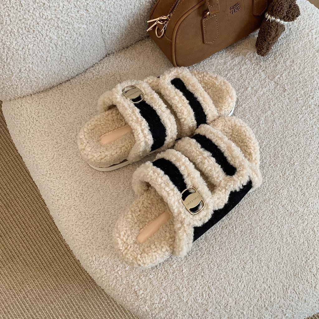 Queen Fan Black Retro Thick-bottomed Fluffy Slippers Women's Outwear 2025 New Autumn and Winter Non-slip Versatile One-word Drop