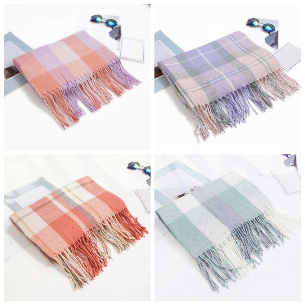 Soft Classic Plaid Scarf Cold-proof Long Neckscarf with Tassel Large Knitted Wool Shawl Winter