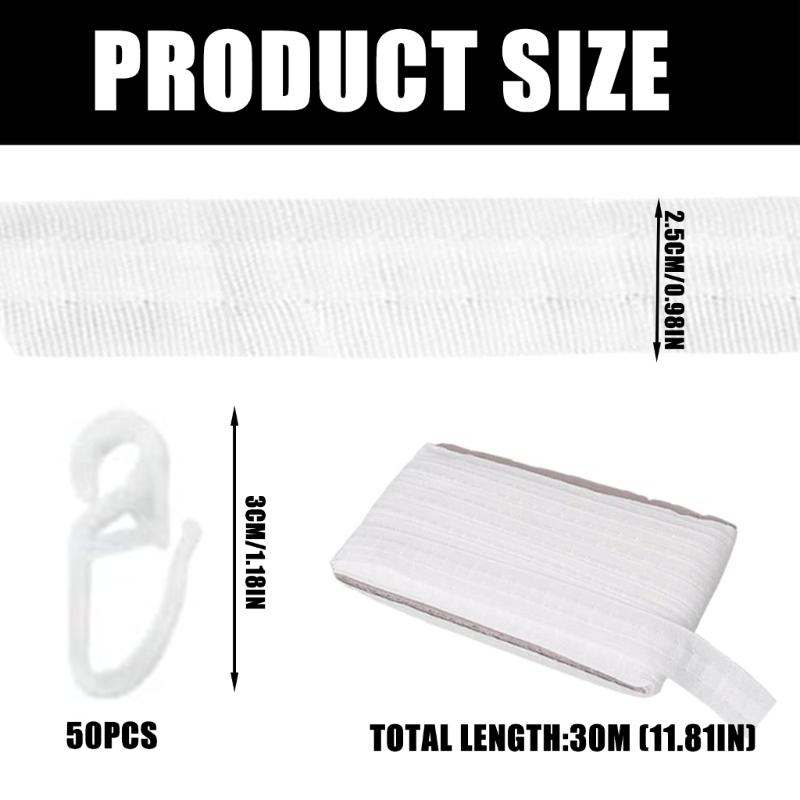 Curtain Pleat Tape 30 Meter Pleater Tape with 50Pcs S Shape Plastic Curtain Pleater Hooks White Curtain Heading Tape