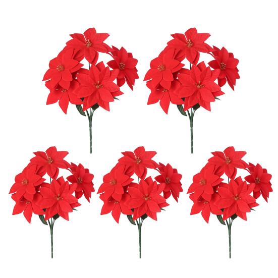 13 Inch Artificial Poinsettia Flower 5/7 Heads Red Fake Poinsettia Faux Silk Poinsettia Bouquet with Stem for New Year Floral Arrangement Home Decor