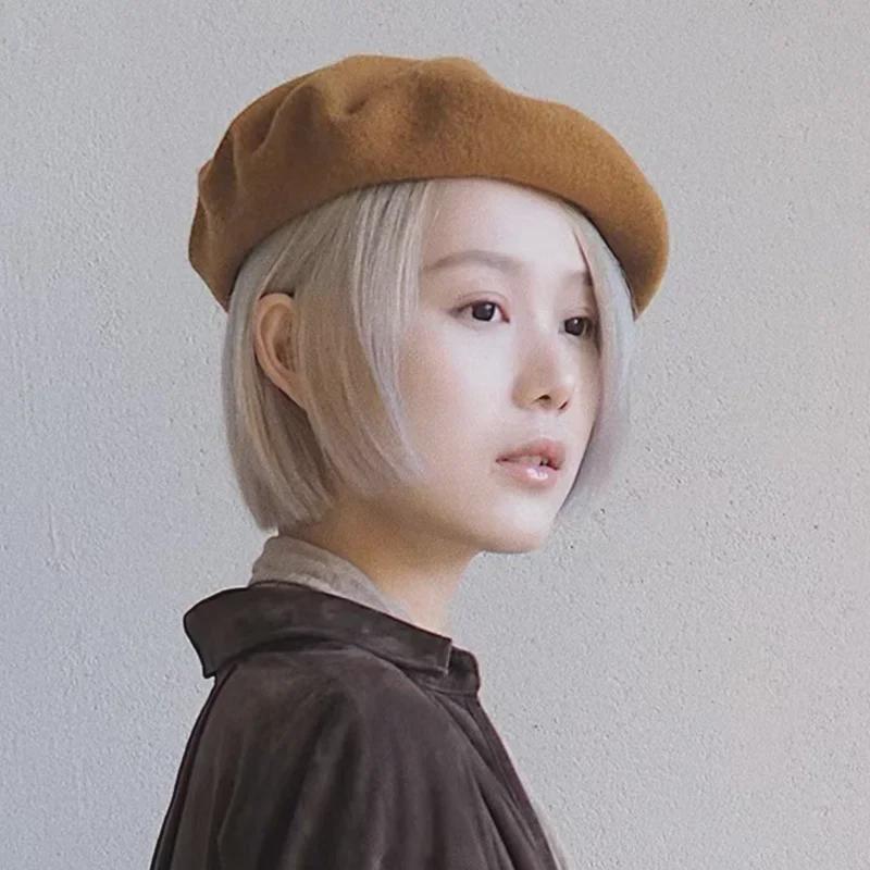 Dámský fialový vlněný baret: Klobouk se širokou krempou, Vintage britský, korejský a japonský styl pro podzim/zimu