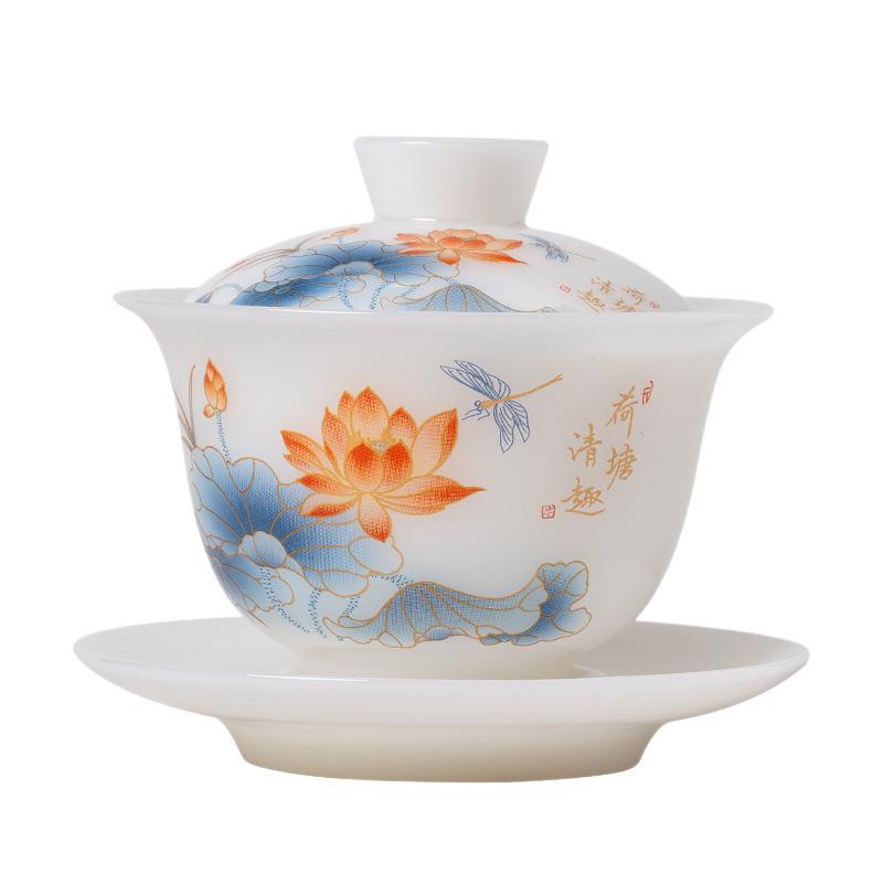 Ice seed jade porcelain hovering Sancai cover bowl Dehua white porcelain Kung Fu tea set household tea brewer gift hand-painted household