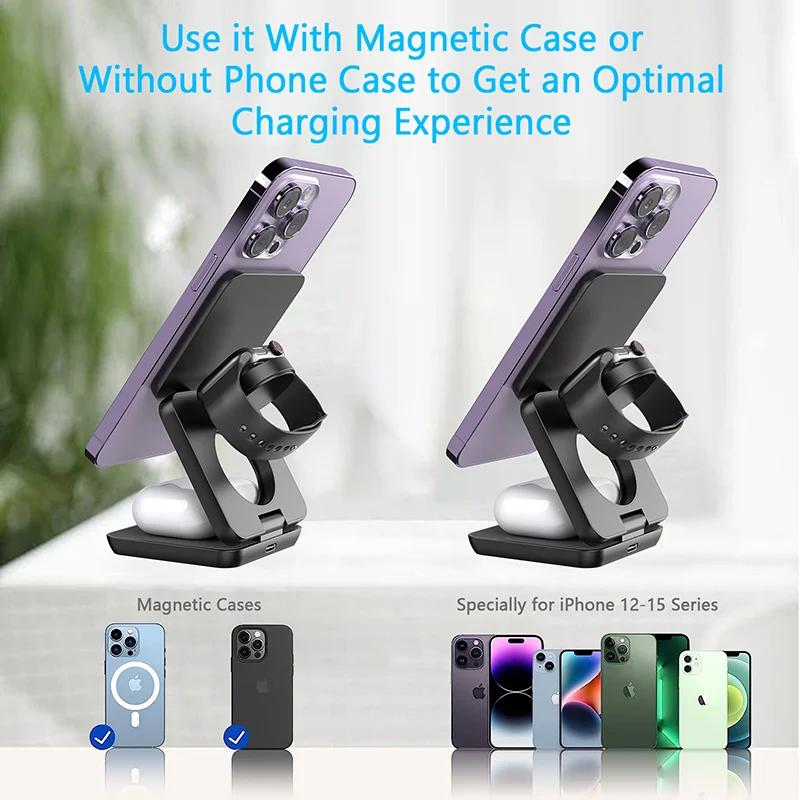 3 in 1 Foldable Magnetic Wireless Charger Stand Macsafe for iPhone 15 14 13 12 Apple Watch 8 7 6 Airpods Fast Charging Station