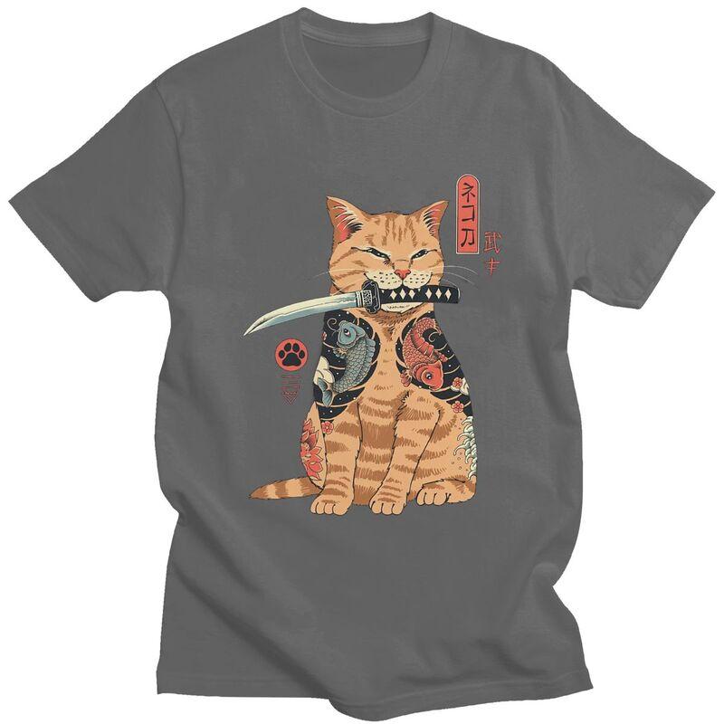 Custom Fashion Funny Japanese Samurai Cat T Shirt Men Tshirt Streetwear Tee Tops Pure Cotton Oversized Tshirts Merch
