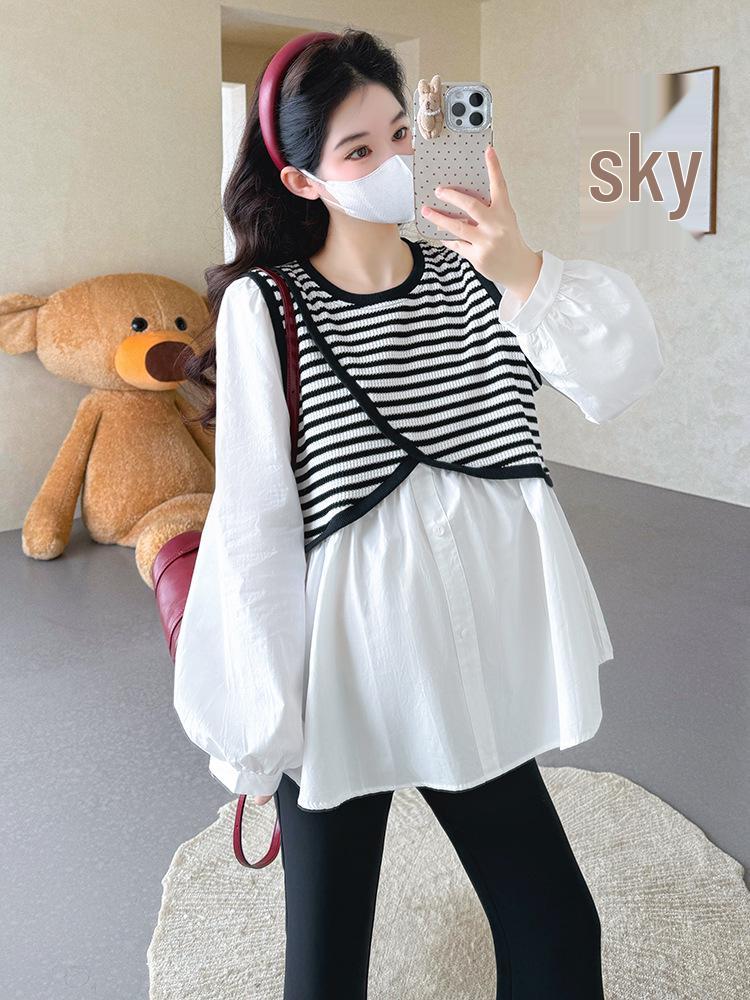 Spring 2026 Maternity Slimming Loose-Fit Plus Size Patchwork 2-Piece Shirt Large