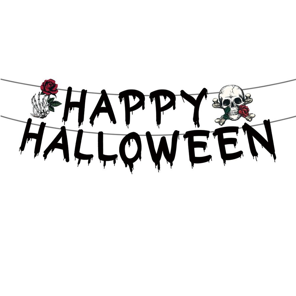 Potřeby pro halloweenskou párty zahrnují papírové talíře, kelímky, ubrousky, ubrus, banner