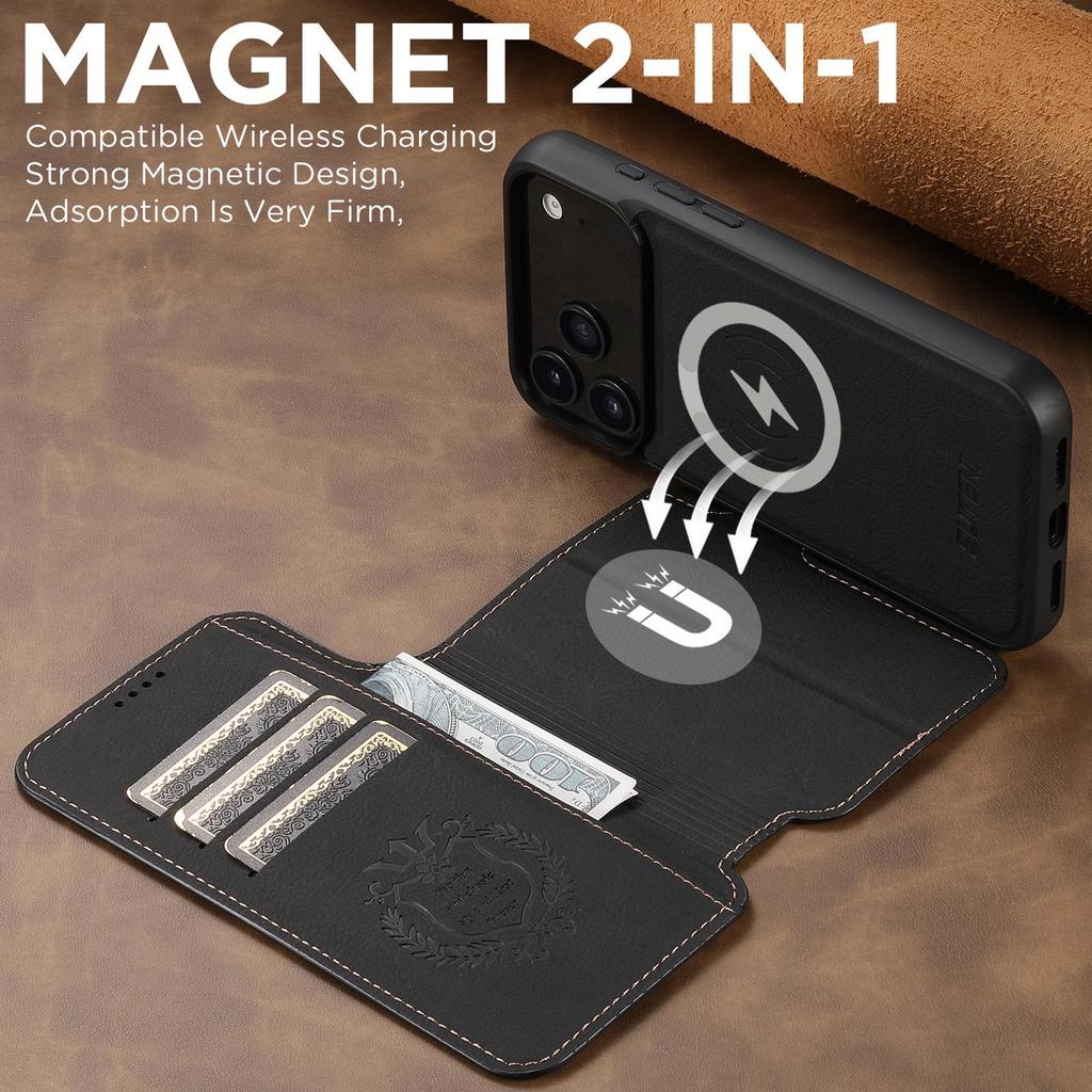 iPhone17ProMax Magnetic Leather Flip Case with Card Slot and Wireless Charging Stand