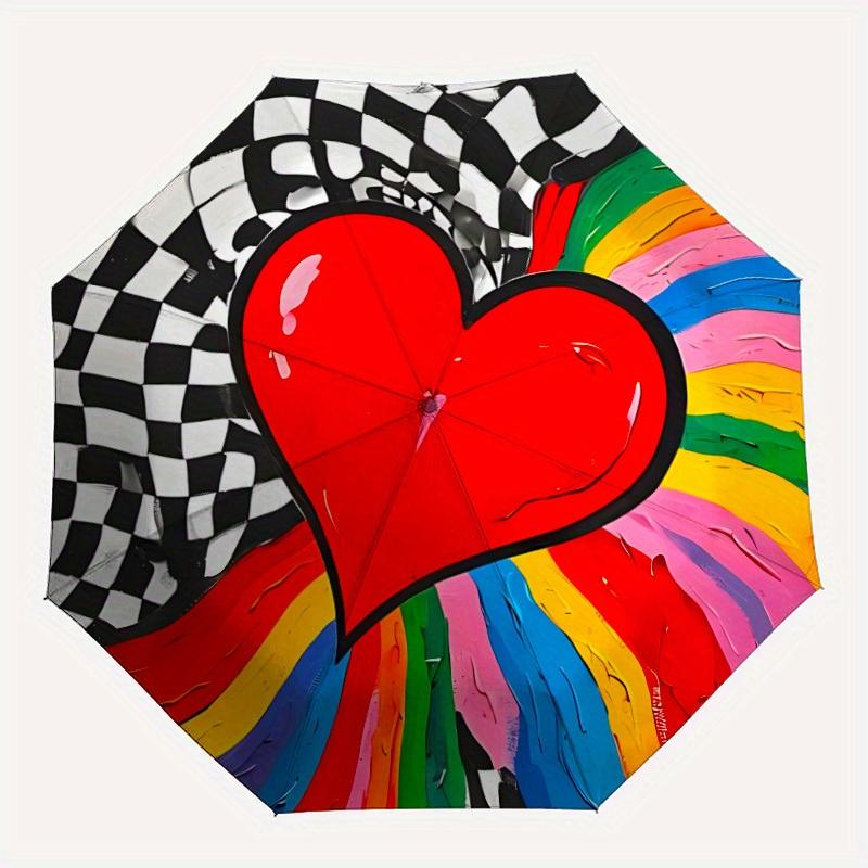 

1pc Heart Print Automatic Open/Close Umbrella, Umbrella with cartoon Design, Portable Compact Umbrella for Men & Women, Good Holiday Gift yy
