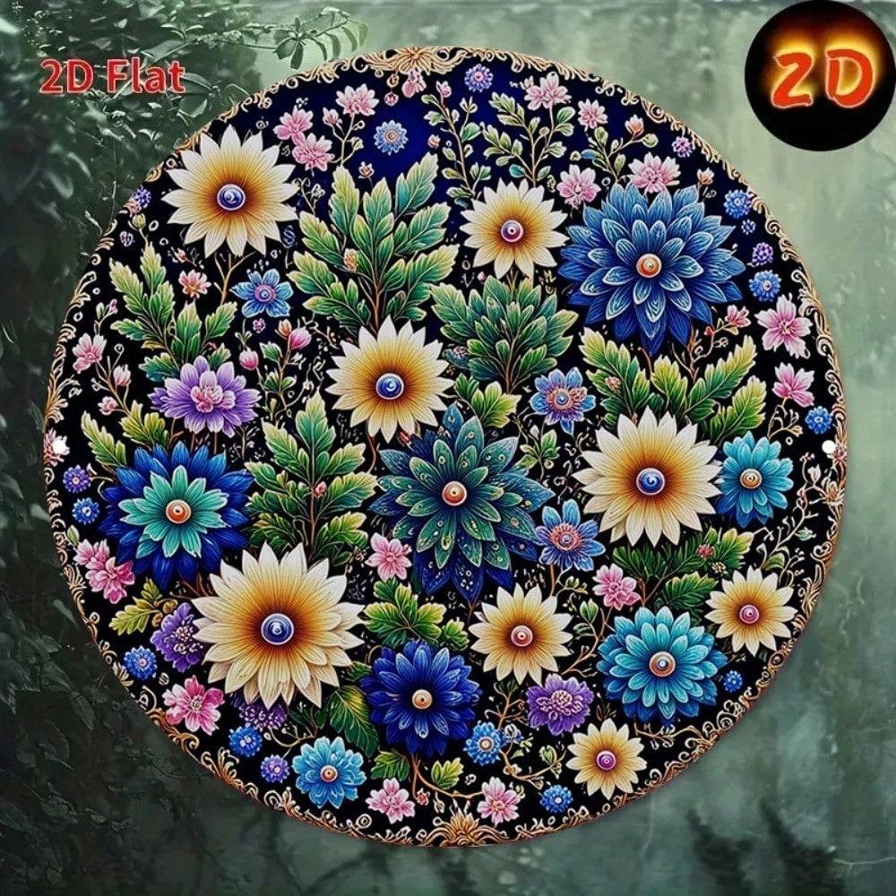 Vintage Round Mandala Metal Wall Art 8 Inch Turquoise Blue Golden Boho Decor Aluminum Sign Home Bar