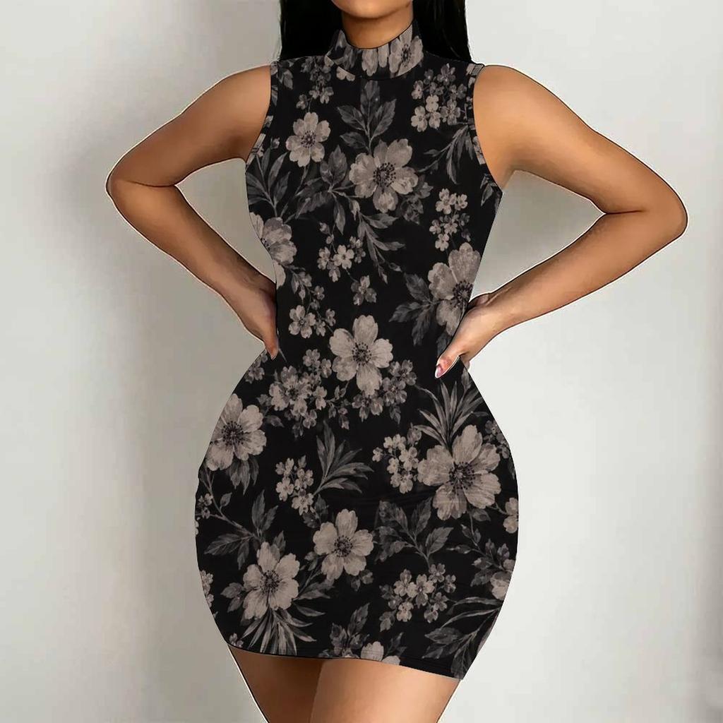 Women Plus Size High Neck Sleeveless Black Floral Printed Bodycon Mini Dress
