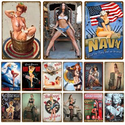 Vintage Metal Sign – Pin Up Girls Craft Art Painting, Funny Sexy Lady Poster Style, Ideal Wall Decor for Pub, Bar, Home