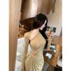 Burgundy diagonal neck long-sleeved dress women's winter pleated waist slim skirt imperial sister wind split hip-wrapped long dress