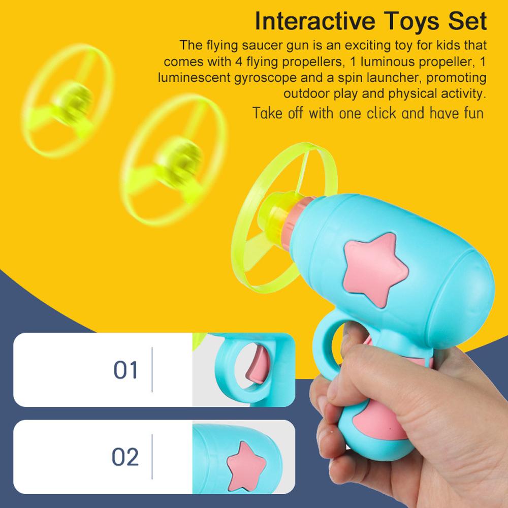2 In 1 Flying Saucer Gyroscope Gun Flying Disc Launcher Toy Kids Interactive Toys Set (7Pcs) жёлтый