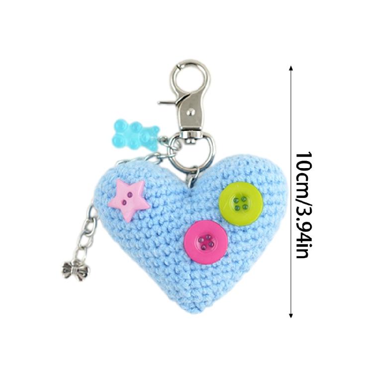 Handmade Knitted Keychain Handwoven Heart with Button Bowknot Pendant Keyring
