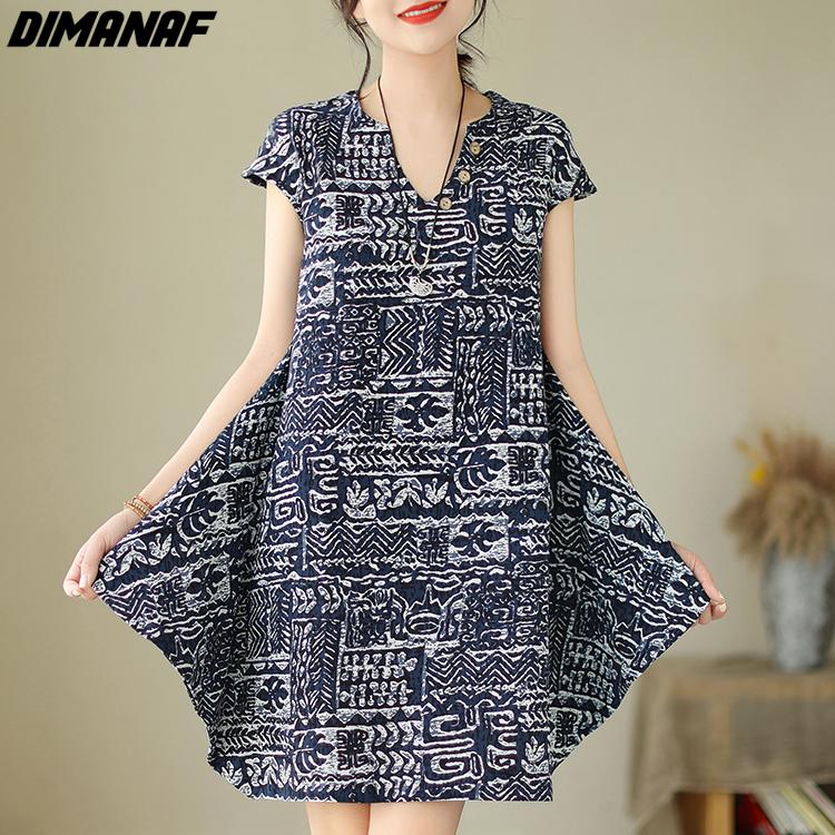 

DIMANAF 2023 Летнее платье-рубашка больших размеров для женщин из хлопка и льна, свободное винтажное платье трапециевидной формы с цветочным принтом, повседневное