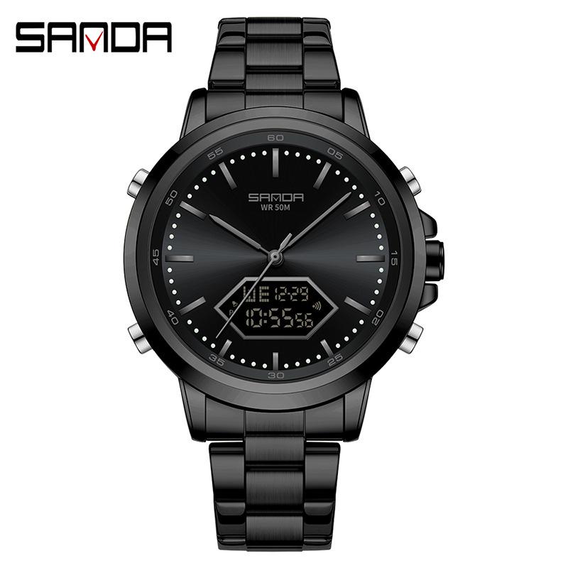 Sanda Men's Multifunction Luminous Waterproof Chronograph Steel Band Dual Display Watch