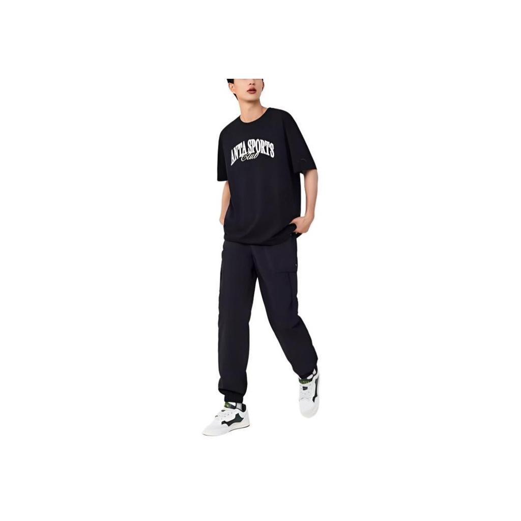 Anta Sport Lifestyle Series Letter Print Round Neck Straight Fit Knitted Short Sleeve T-Shirt Unisex Tops Black 152438110-4