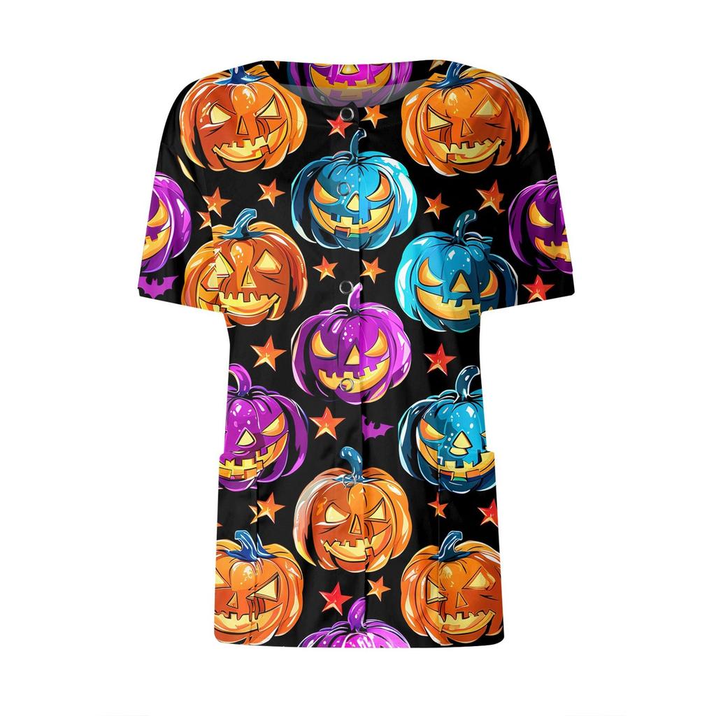 Women's Short Sleeved Patterned Pockets, Work Print Stand Up Collar, Single Breasted Protective Clothing, Cardigan Jacket, Top