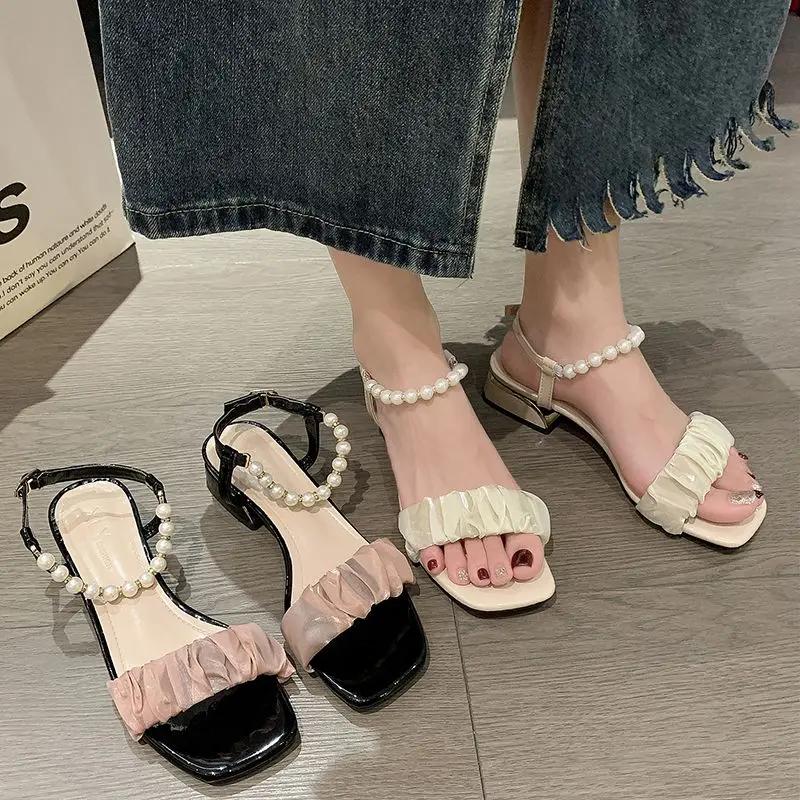 Fashion Footwear One Word with Low Heels Block Heel White Sandals for Woman Summer 2024 Pearl Roman Style Medium Buckles Women's Shoes F