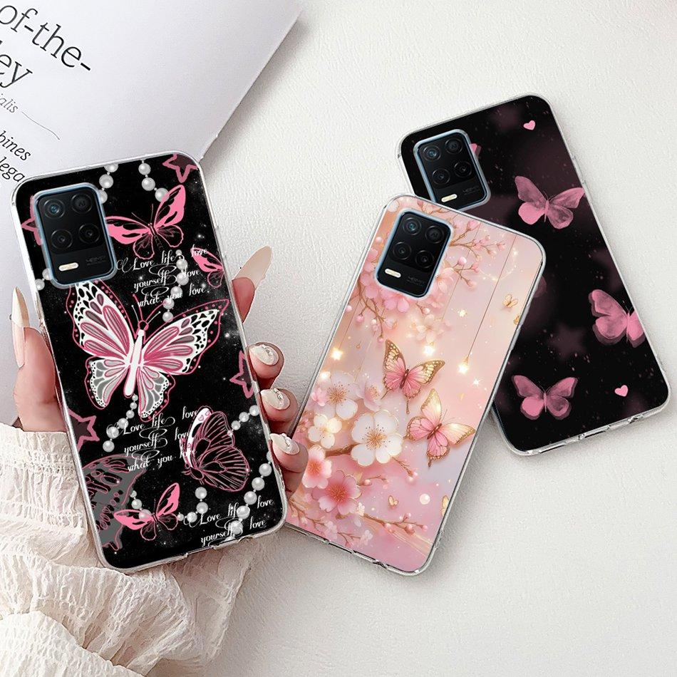 Pro telefon Realme 8 5G RMX3241 Pouzdro na telefon Realme8 5G Elegantní Květinový Potisk Kočky Měkký Silikon Průhledné TPU Pouzdra