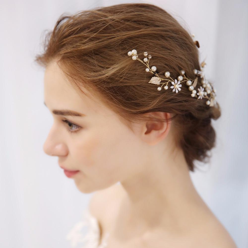 Perle Strass Blume Braut Stirnband Hochzeit Haarschmuck Goldblatt mit Strass Blume Haarbänder Hochzeit Haarschmuck