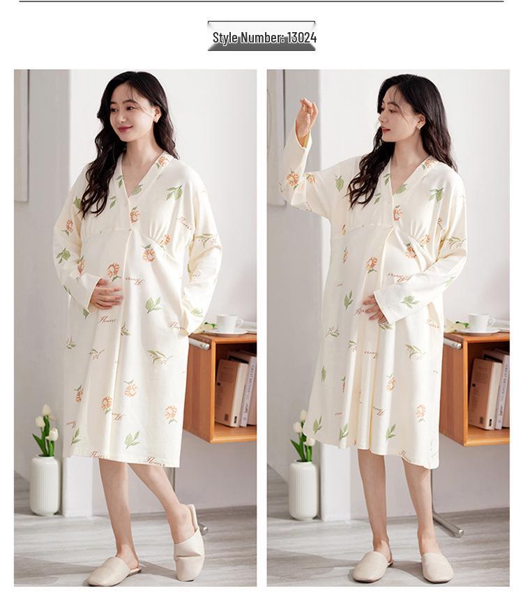 Bavlnová těhotenská noční košile s prsními vložkami pro předporodní a poporodní kojení, jarní/podzimní nošení