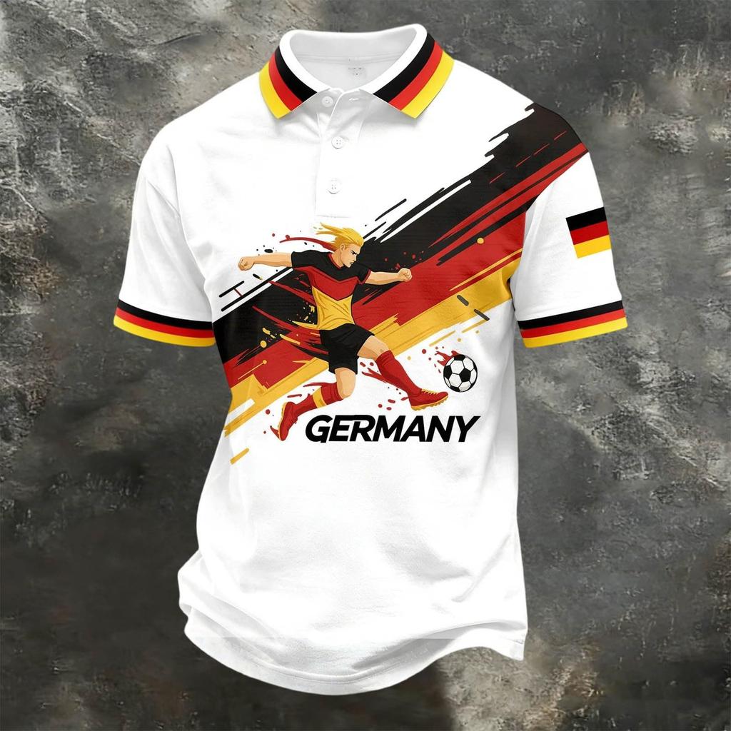 Unisex Casual Loose Fit Short Sleeve Polo Shirt with Germany Inspired Graphic Print and Button Collar for Everyday Wear