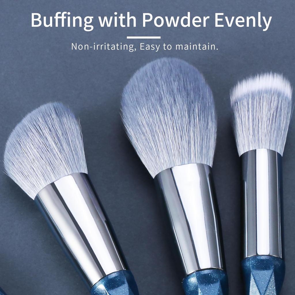 ENZO KEN Blue Glitter Makeup Brush Set with Travel Vegan Face and Eyeshadow Brush Set with Hourglass Resin Colorful Contour Blending Brush Kit Bag,