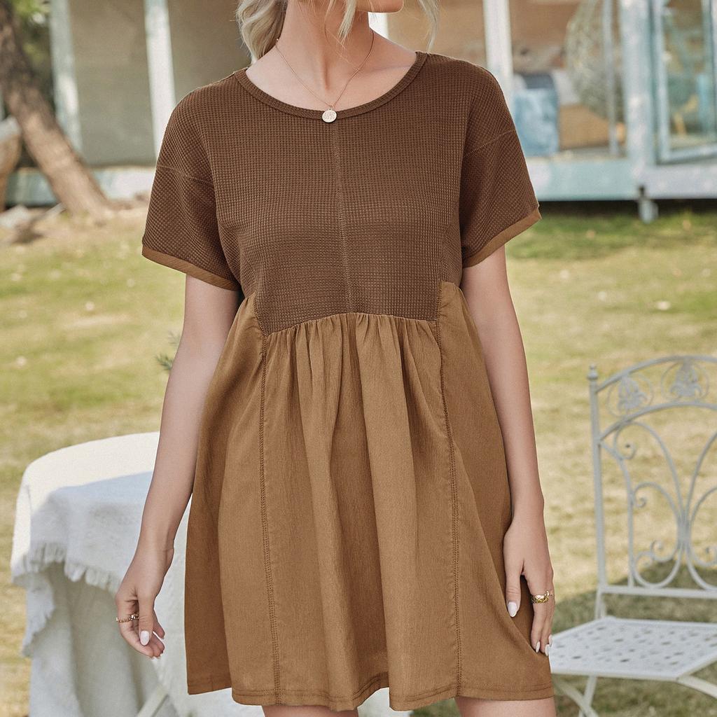 Women's Casual Minimalist Loose Fitting Dress Solid Color Patchwork Short  Sleeved A-line Dress Buy cheaply on Joom