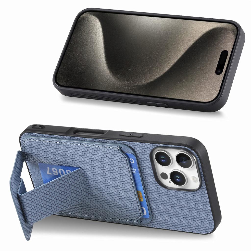 C1-11 for iPhone 16 Pro Case Card Holder Carbon Fiber Texture Leather Coated TPU Phone Cover