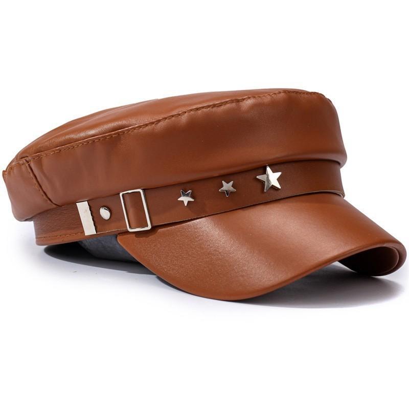 Pentagram leather buckle navy hat autumn and winter hat women's leather duck tongue beret versatile showing small face