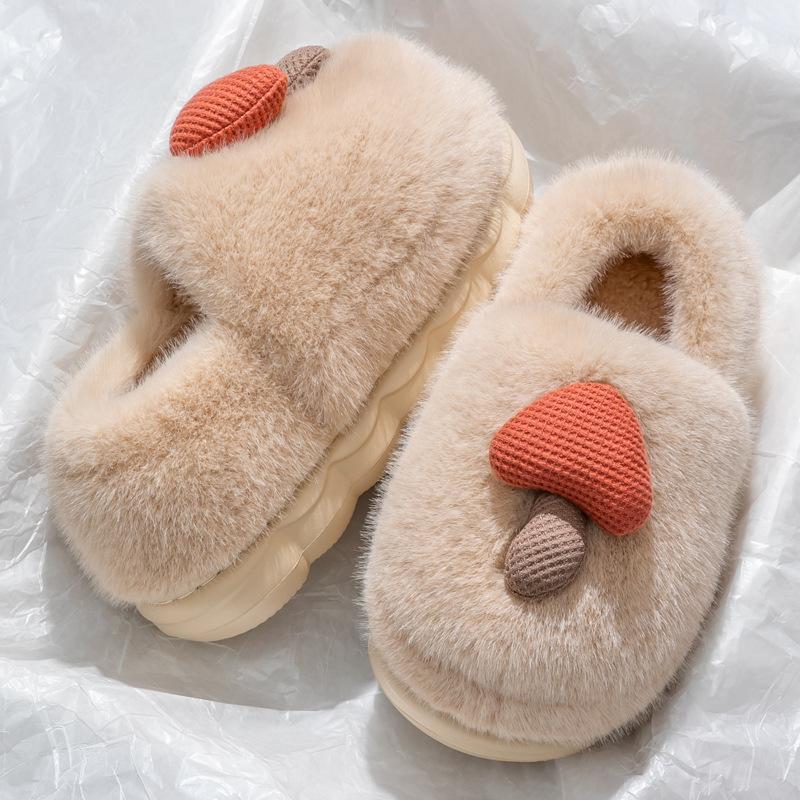 Cute Mushroom Cotton Slippers Women's Winter Bag Heel Warm Home Home Non-slip Couple Plush Thick-soled Fluffy Shoes Women