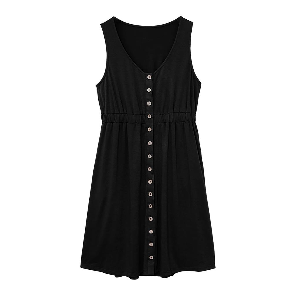 Women's Casual Sleeveless Button Down Dress Summer Elastic Waist A-Line Swing Tank Dresses