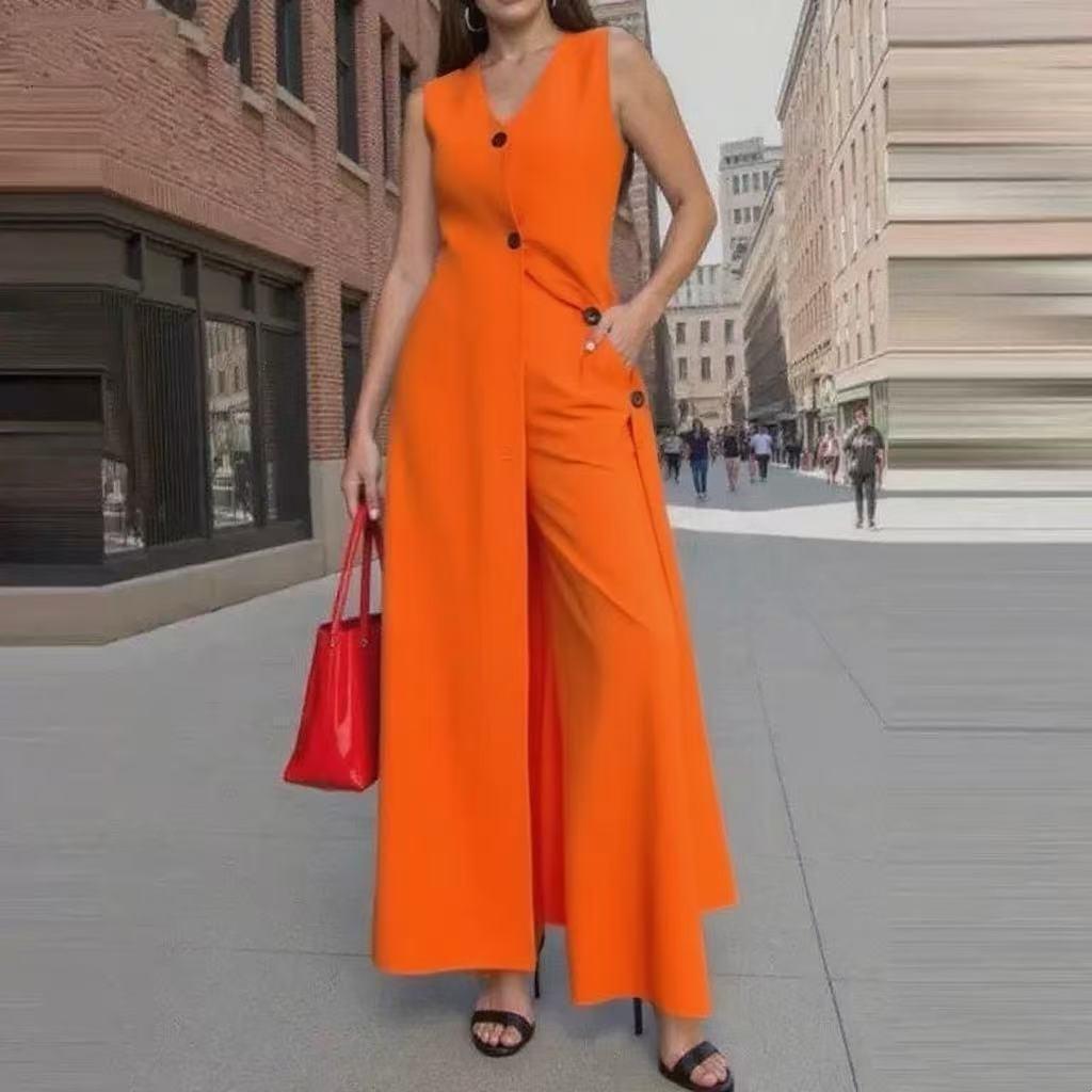 

Women s Fashionable Street Style Sleeveless Long Coat and Wide-leg Pants Set - A Two-piece Summer Solid-color Outfit 5XL помаранчевий