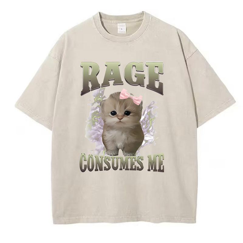 Oversize T Shirt Vintage Washed Cotton TShirt Rage Consumes Me Cat Graphic Tee Casual Streetwear Spring Summer Shirt