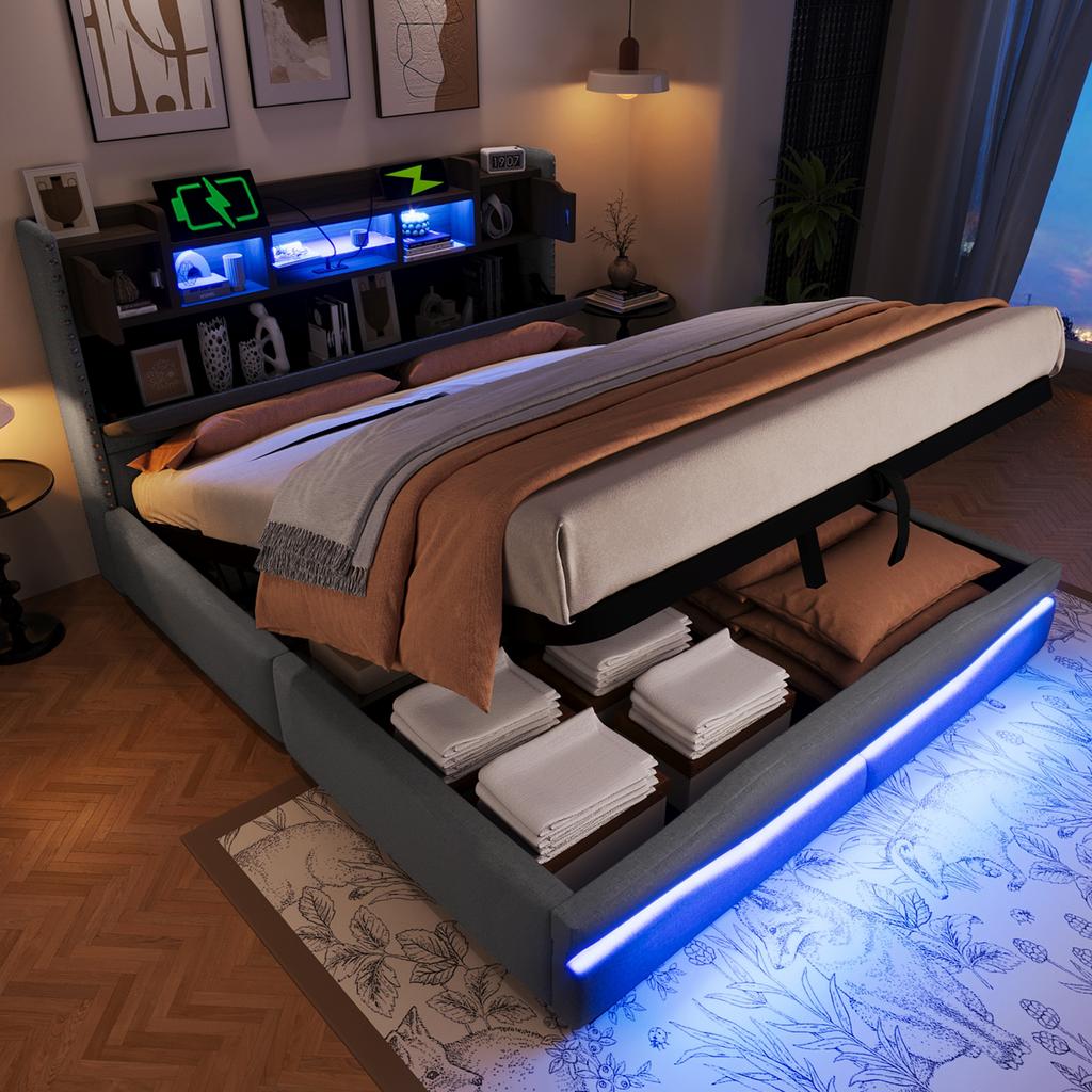 Upholstered Bed, 160x200cm, with USB C Charging Function, Headboard with Storage Compartment, Hydraulic Bed, without Mattress, With LED Lights, Grey