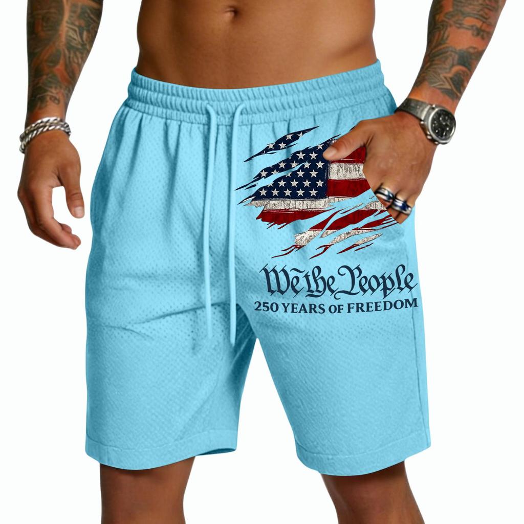 Pantalones Cortos de Malla para Hombre con Cintura de Cordón y Gráfico de Bandera We The 250 Años de Estilo Holgado