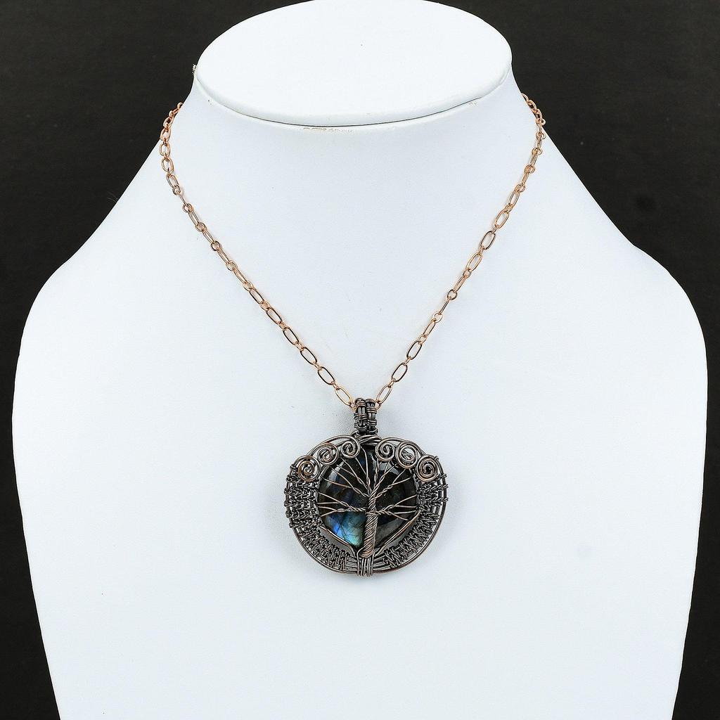 Přívěsek Strom života Labradorit Přívěsek ovinutý měděným drátem Drahokam Ručně vyráběné šperky Přívěsek léčivý kámen Dárek pro matku Měděné šperky