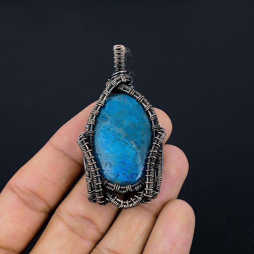 Neon Blue Apatite Gemstone Pendant 999 Copper Wire Wrapped Jewelry, Handmade Antique Pendant Jewelry, Gift For Mother