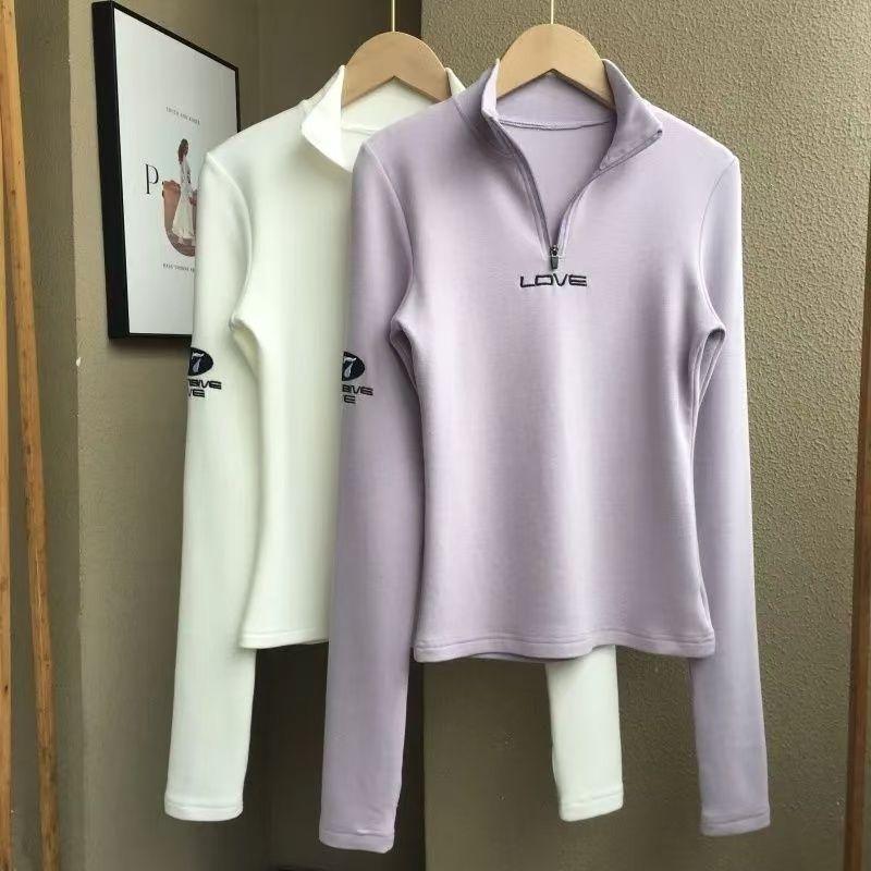Women's Long-Sleeve T-Shirt Fall Sexy Slim Fit Stand Collar Zipper Double-Sided Fleece Base Shirt