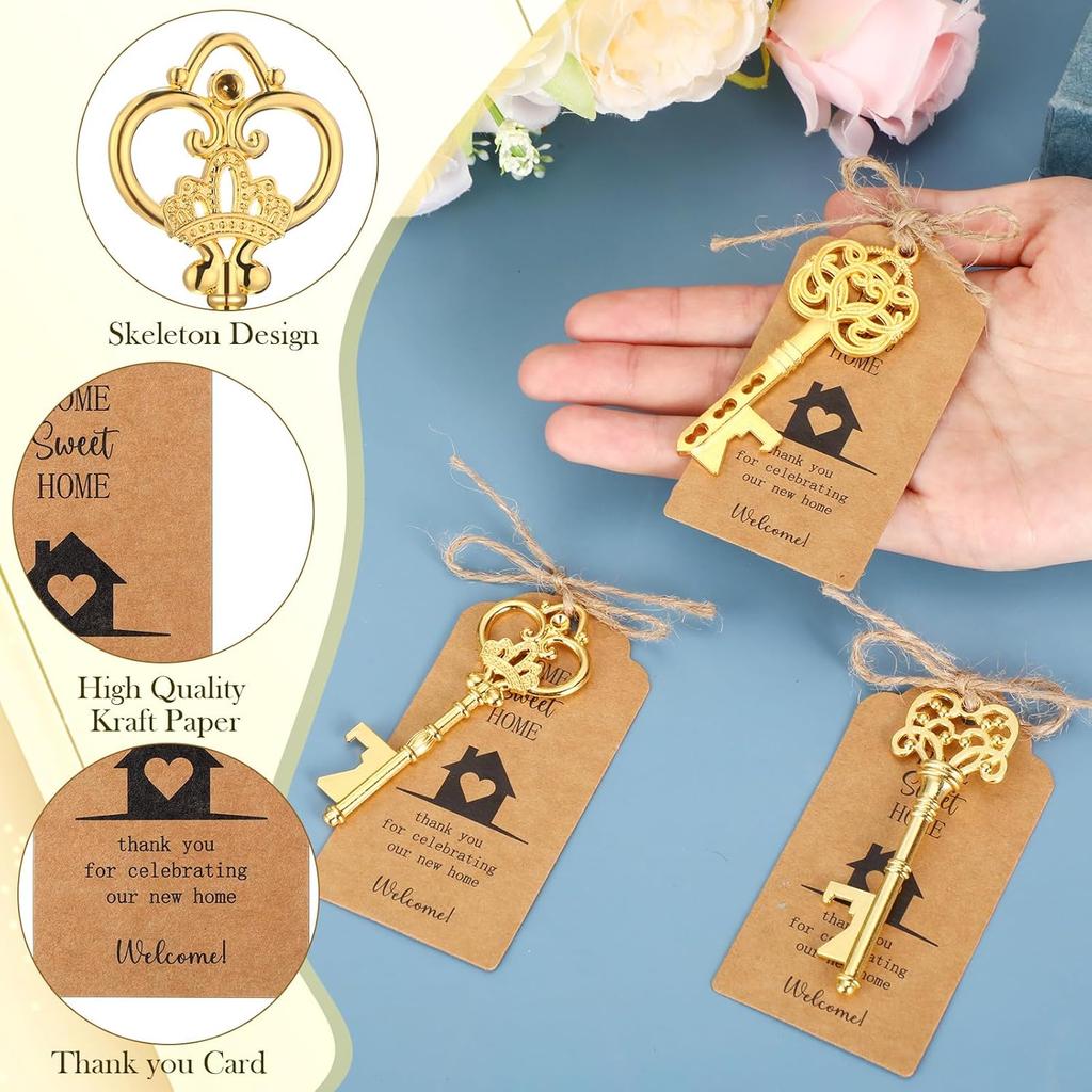 50 Sets Housewarming Skeleton Key Bottle Opener with Tags and Jute Rope Retro Skeleton Key Opener Home Sweet Home Party Favors for House Warming